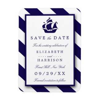 Nautical Stripes & Navy Blue Ship Save the Date Magneet