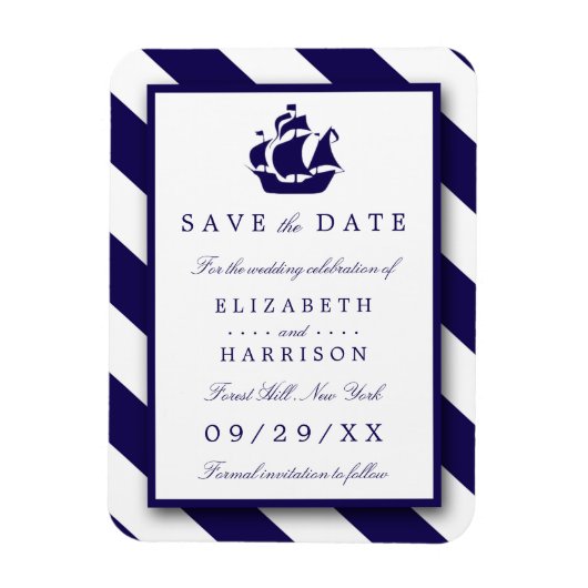 Nautical Stripes & Navy Blue Ship Save the Date Magneet (Verticaal)