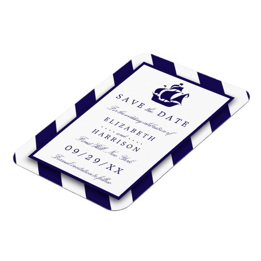 Nautical Stripes & Navy Blue Ship Save the Date Magneet (Linkerzijde)