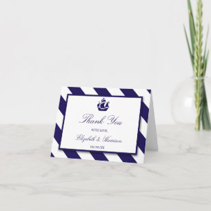 Nautical Stripes & Navy Blue Ship Wedding Bedankkaart