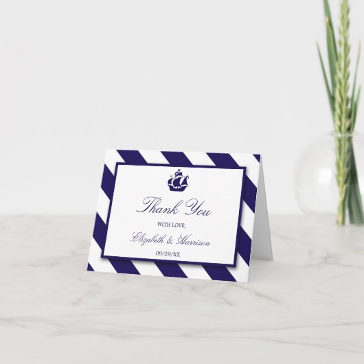 Nautical Stripes & Navy Blue Ship Wedding Bedankkaart (Voorkant)