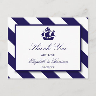 Nautical Stripes & Navy Blue Ship Wedding Briefkaart