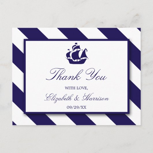 Nautical Stripes & Navy Blue Ship Wedding Briefkaart (Voorkant)
