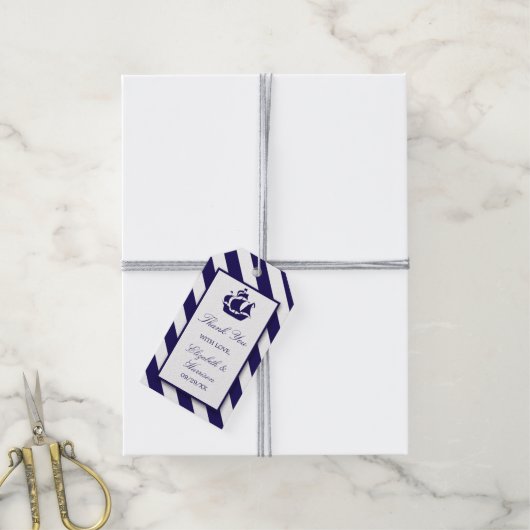 Nautical Stripes & Navy Blue Ship Wedding Cadeaulabel (Met Touw)