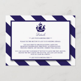 Nautical Stripes & Navy Blue Ship Wedding Detail Informatiekaartje