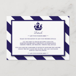 Nautical Stripes & Navy Blue Ship Wedding Detail Informatiekaartje