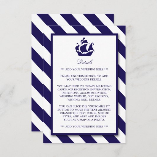 Nautical Stripes & Navy Blue Ship Wedding Detail Informatiekaartje (Voorkant / Achterkant)