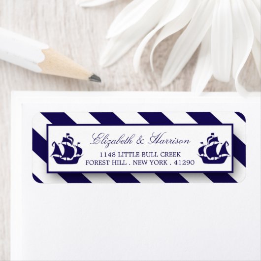 Nautical Stripes & Navy Blue Ship Wedding Etiket (Insitu)