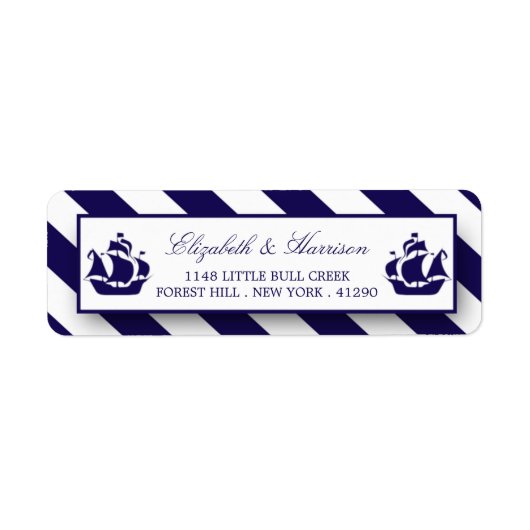 Nautical Stripes & Navy Blue Ship Wedding Etiket (Voorkant)