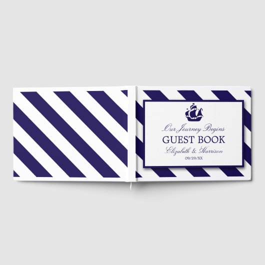 Nautical Stripes & Navy Blue Ship Wedding Gastenboek (Volledig)