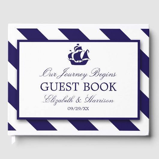 Nautical Stripes & Navy Blue Ship Wedding Gastenboek (Voorkant)