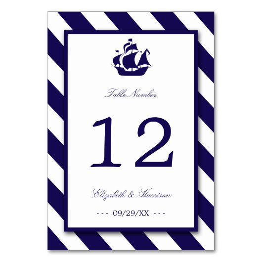 Nautical Stripes & Navy Blue Ship Wedding Kaart (Voorkant)