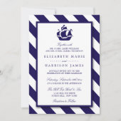Nautical Stripes & Navy Blue Ship Wedding Kaart (Voorkant)