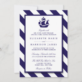 Nautical Stripes & Navy Blue Ship Wedding Kaart