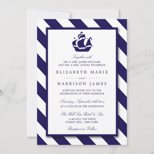 Nautical Stripes & Navy Blue Ship Wedding Kaart (Voorkant)