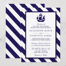 Nautical Stripes & Navy Blue Ship Wedding Kaart