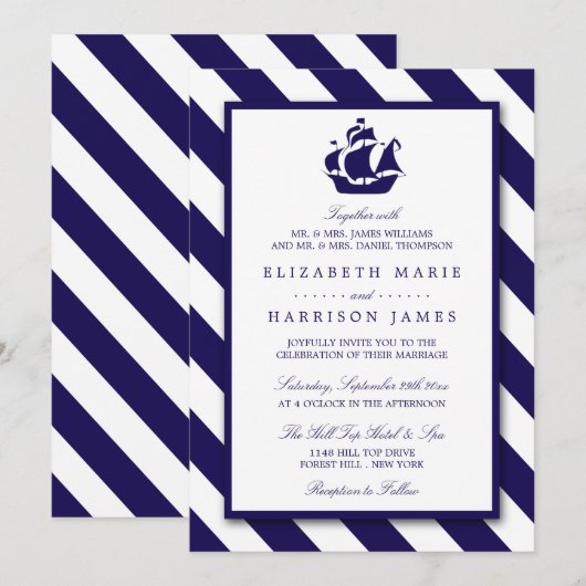 Nautical Stripes & Navy Blue Ship Wedding Kaart (Voorkant / Achterkant)