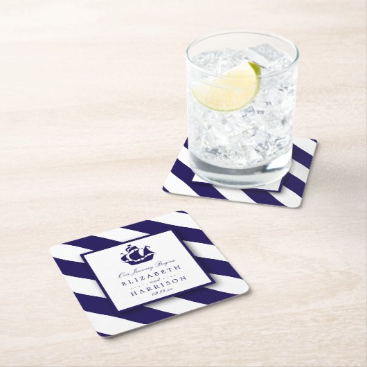 Nautical Stripes & Navy Blue Ship Wedding Kartonnen Onderzetters (Insitu)