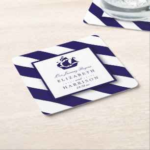 Nautical Stripes & Navy Blue Ship Wedding Kartonnen Onderzetters