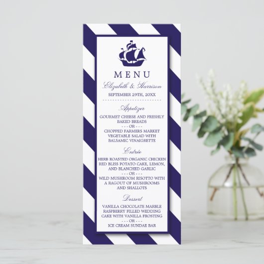 Nautical Stripes & Navy Blue Ship Wedding Menu (Staand voorkant)