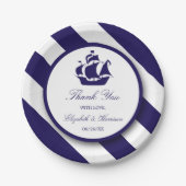 Nautical Stripes & Navy Blue Ship Wedding Papieren Bordje (Voorkant)