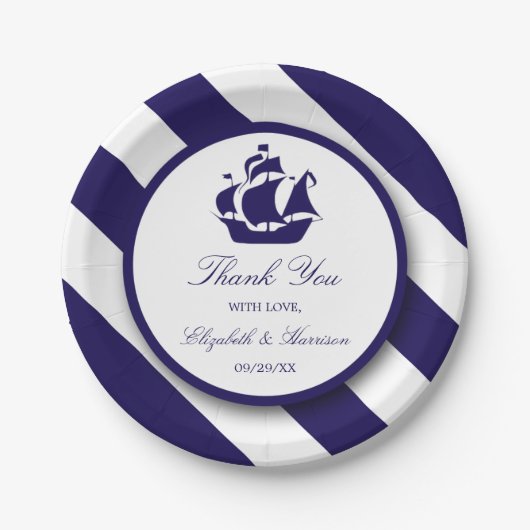 Nautical Stripes & Navy Blue Ship Wedding Papieren Bordje (Voorkant)