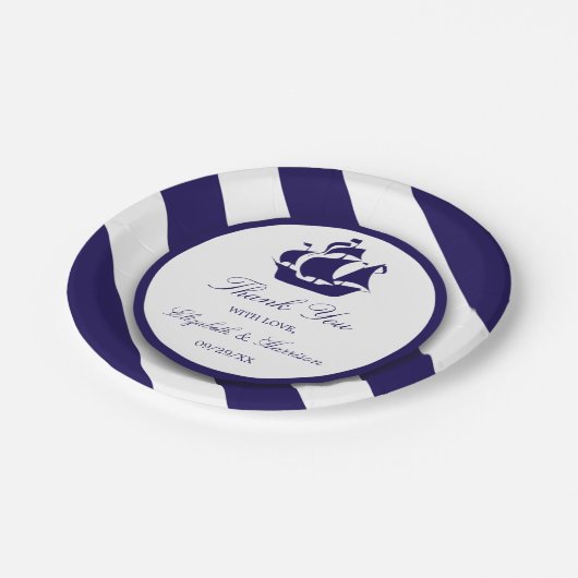 Nautical Stripes & Navy Blue Ship Wedding Papieren Bordje (Gekanteld)