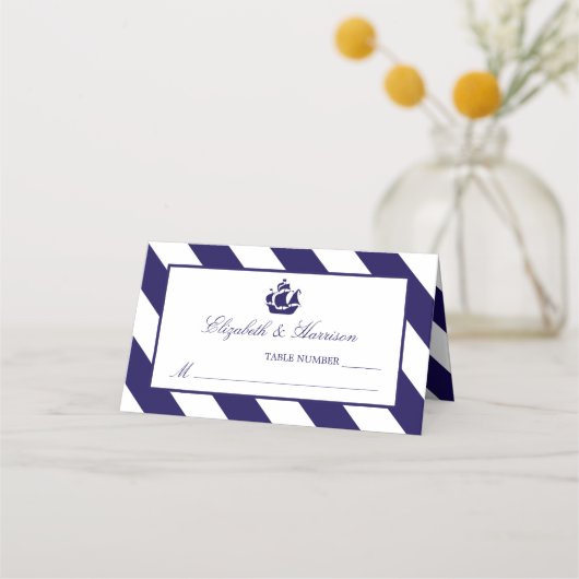 Nautical Stripes & Navy Blue Ship Wedding Plaatskaartje (Voorkant)