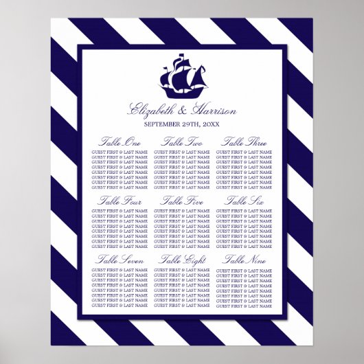 Nautical Stripes & Navy Blue Ship Wedding Poster (Voorkant)