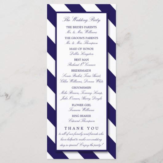 Nautical Stripes & Navy Blue Ship Wedding Programmakaart (Achterkant)