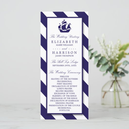 Nautical Stripes & Navy Blue Ship Wedding Programmakaart (Staand voorkant)