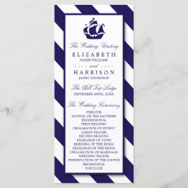 Nautical Stripes & Navy Blue Ship Wedding Programmakaart