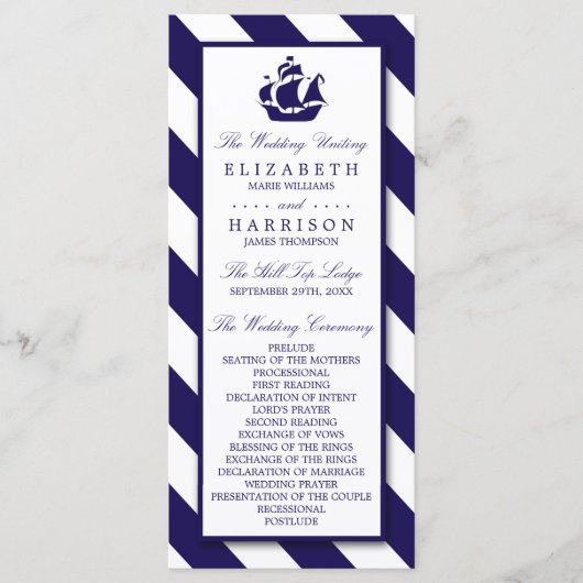 Nautical Stripes & Navy Blue Ship Wedding Programmakaart (Voorkant)