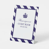 Nautical Stripes & Navy Blue Ship Wedding Reclamebord Met Voetstuk (Voorkant)