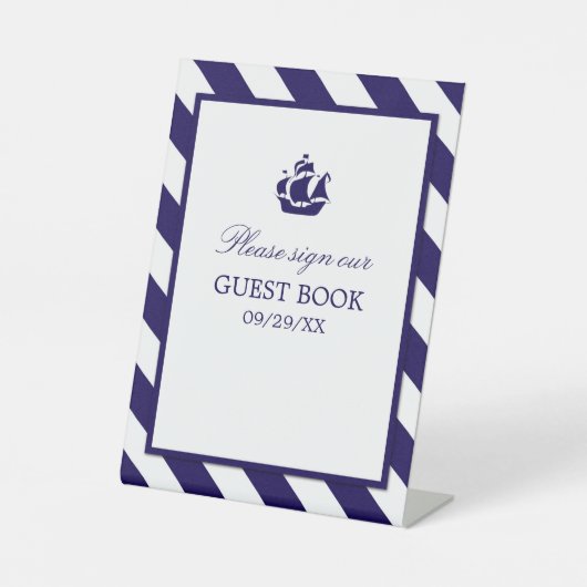 Nautical Stripes & Navy Blue Ship Wedding Reclamebord Met Voetstuk (Voorkant)
