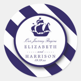 Nautical Stripes & Navy Blue Ship Wedding Ronde Sticker
