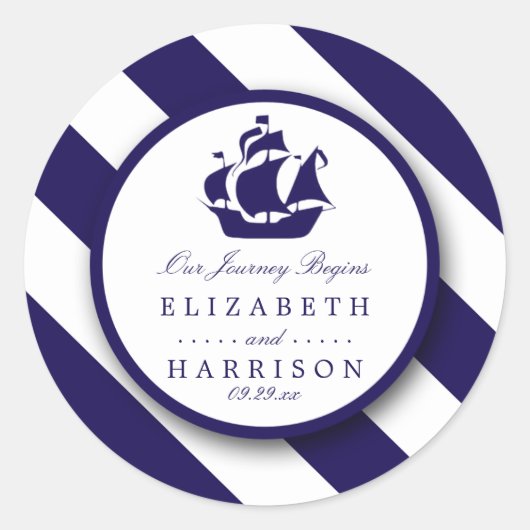 Nautical Stripes & Navy Blue Ship Wedding Ronde Sticker (Voorkant)