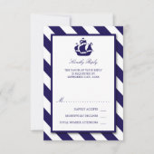 Nautical Stripes & Navy Blue Ship Wedding RSVP Kaartje (Voorkant)