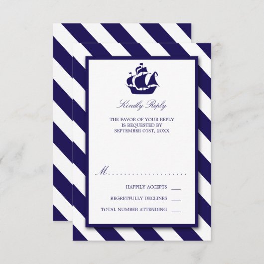 Nautical Stripes & Navy Blue Ship Wedding RSVP Kaartje (Voorkant / Achterkant)
