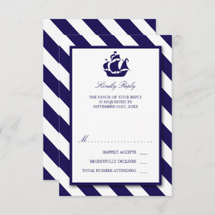 Nautical Stripes & Navy Blue Ship Wedding RSVP Kaartje