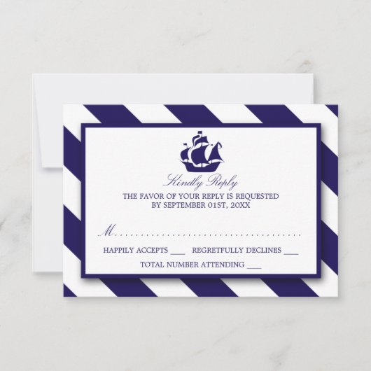 Nautical Stripes & Navy Blue Ship Wedding RSVP Kaartje (Voorkant)