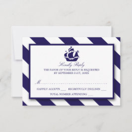 Nautical Stripes & Navy Blue Ship Wedding RSVP Kaartje