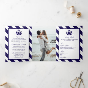Nautical Stripes & Navy Blue Ship Wedding Suite Drieluik Uitnodiging