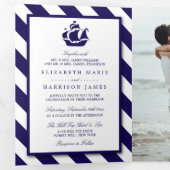 Nautical Stripes & Navy Blue Ship Wedding Suite Drieluik Uitnodiging (Binnenzijde eerst)