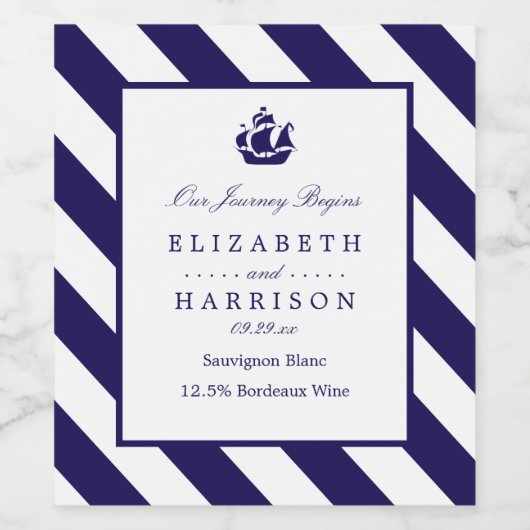 Nautical Stripes & Navy Blue Ship Wedding Wijn Etiket (Enkel label)