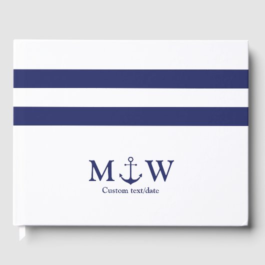 Nautical Stripes navy blue white anchor bruiloft Gastenboek (Voorkant)