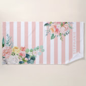 Nautical Stripes Waterverf Bloemen Roze Naam Strandlaken (Voorkant)