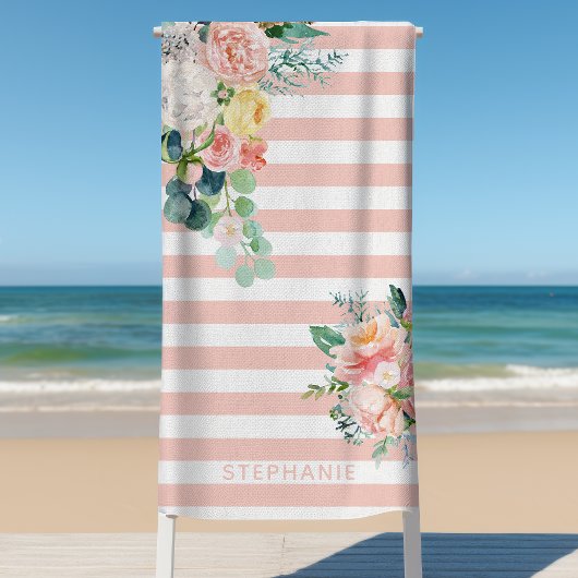 Nautical Stripes Waterverf Bloemen Roze Naam Strandlaken