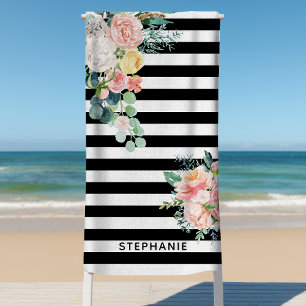 Nautical Stripes Waterverf Bloemen Zwart Naam Strandlaken