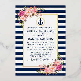 Nautical Stripes Waterverf Pink Floral Blue Gold Folie Uitnodiging